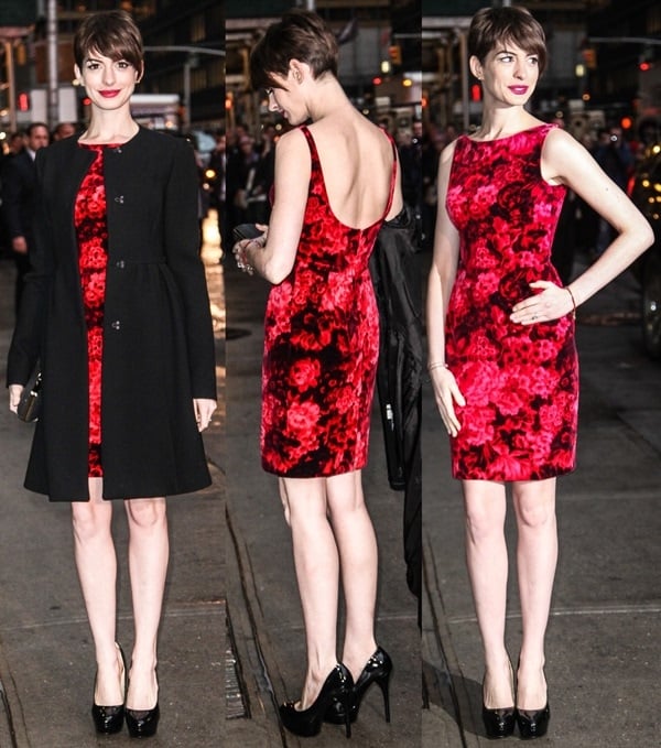 Anne Hathaway wears a Mafalda dress while out in New York City for a guest appearance on David Letterman's show