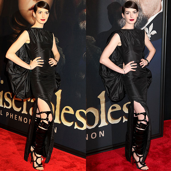 Anne Hathaway made a spellbinding appearance at the 'Les Misérables' premiere, draped in a dramatic black Tom Ford column gown complete with a voluminous cape