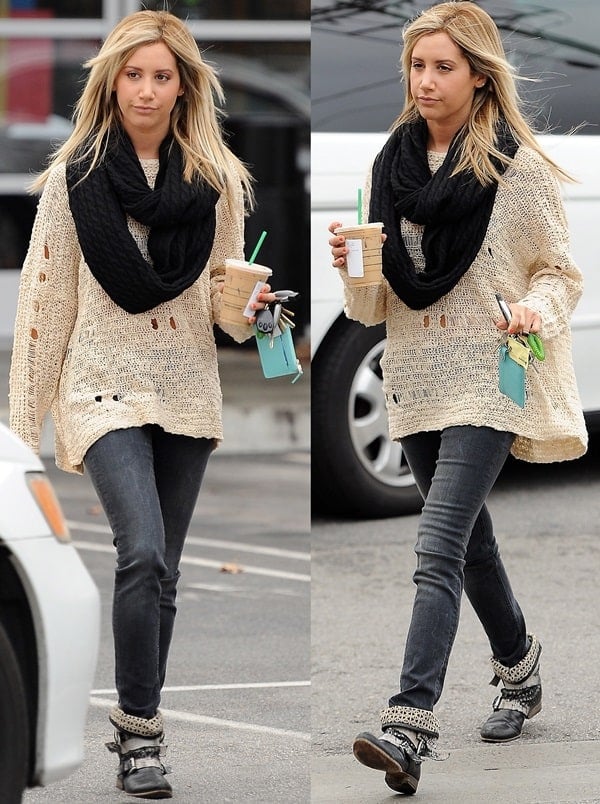 Ashley Tisdale sported a chic casual ensemble featuring a Nasty Gal holey dolman knit, Givenchy Nightingale shopper tote, and Co-Op Barneys New York laser cut buckle boots during a Starbucks run in Studio City on November 29, 2012