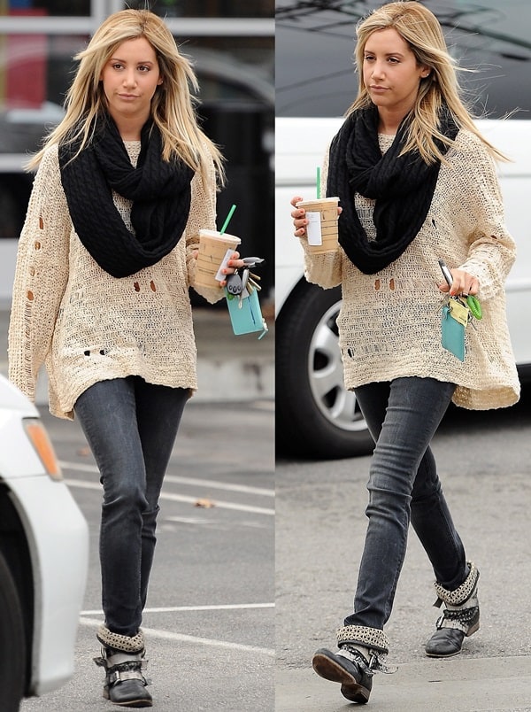 Ashley Tisdale sported a chic casual ensemble featuring a Nasty Gal holey dolman knit, Givenchy Nightingale shopper tote, and Co-Op Barneys New York laser cut buckle boots during a Starbucks run in Studio City on November 29, 2012