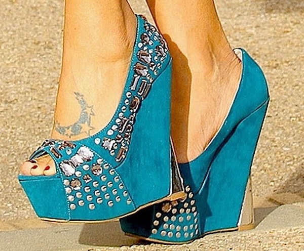 Bai Ling's hot feet in blue jeweled peep-toe wedges