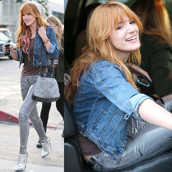 Bella Thorne shines in her daring silver jeans and Giuseppe Zanotti boots as she arrives for lunch