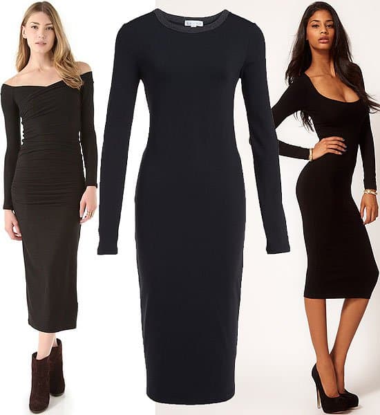 A selection of chic little black midi dresses: James Perse wrap shoulder dress ($245.00), Leith bodycon midi dress ($48.00), ASOS long-sleeved bodycon midi dress ($38.70)