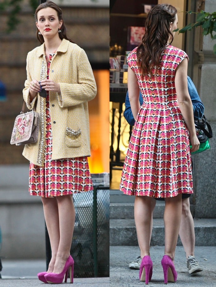 Leighton Meester clips her dark hair back as she shoots a "Gossip Girl" scene