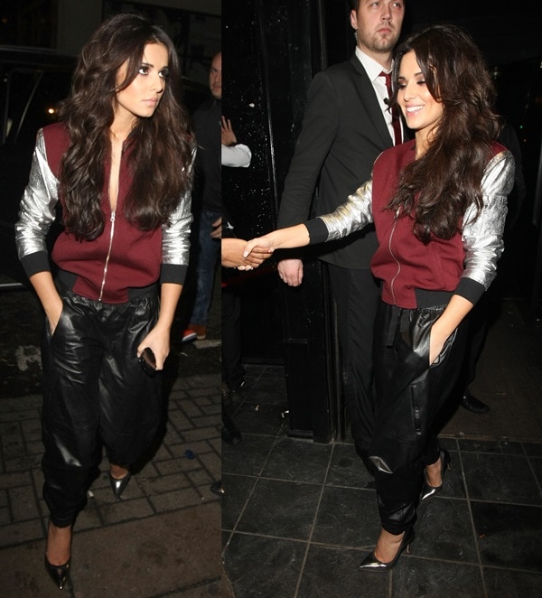 Cheryl Cole was spotted at the Rose Club in London on December 20, 2012, wearing a chic ensemble that included Gianvito Rossi pointed stiletto heel pumps, Vince leather jogging pants, and an Antipodium Pre-Fall 2012 bomber jacket