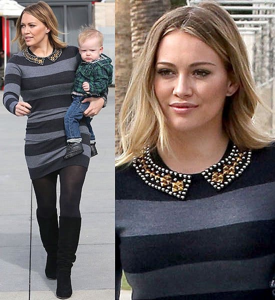 On December 13, 2012, Hilary Duff was spotted at the County Museum of Art in Los Angeles, stylishly wearing a French Connection Bambi striped knit sweater dress and Giuseppe Zanotti knee-high suede boots