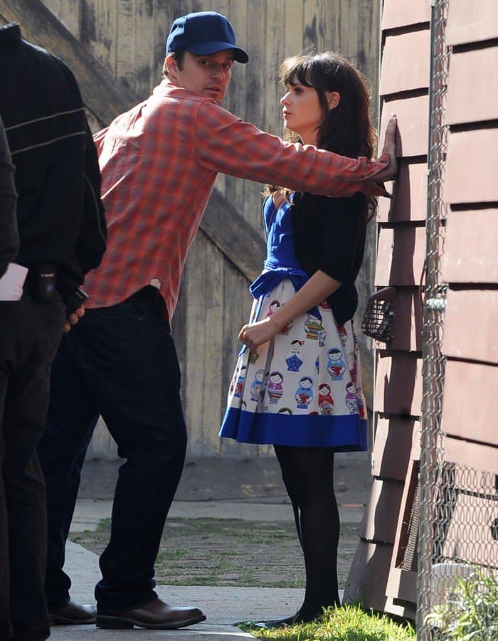 Actors Zooey Deschanel and Jake Johnson film scenes for the TV show 'New Girl' in West Hollywood