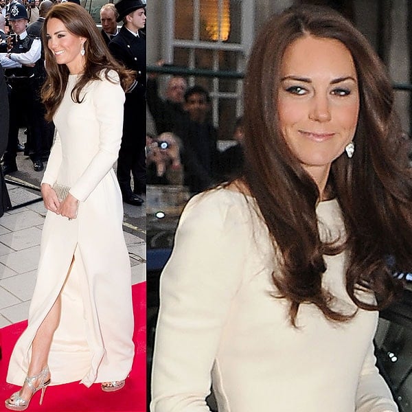 Kate Middleton dazzles in an ivory Roland Mouret gown with a thigh-high slit, paired with sparkling silver Jimmy Choo heels