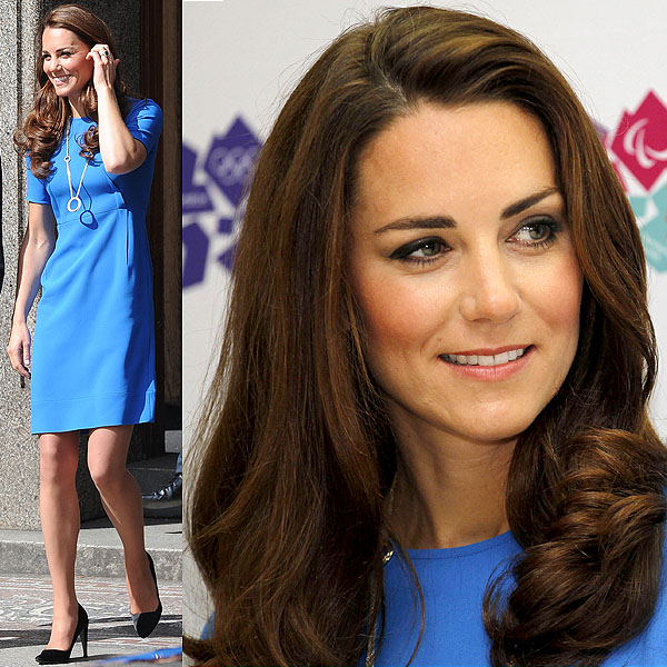 Kate Middleton brightens up in a cobalt blue Stella McCartney shift dress, accessorized with a simple pendant necklace and black pointed-toe pumps