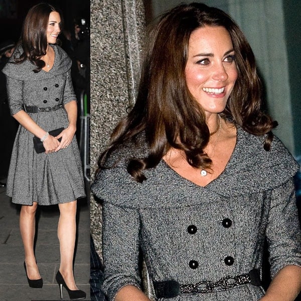 Kate Middleton looks elegant in a gray belted coat dress paired with classic black pumps