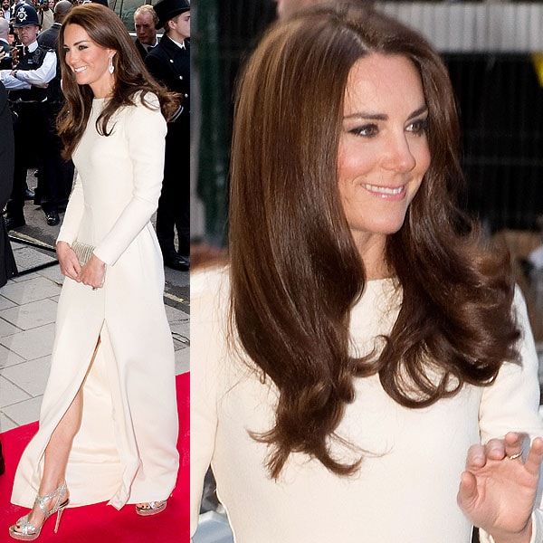 On May 8, 2012, at a Thirty Club dinner in Claridge’s Hotel in London, Catherine, the Duchess of Cambridge (commonly known as Kate Middleton), dazzled in a Roland Mouret Fall 2009 long-sleeve gown complemented by sparkling Jimmy Choo 'Vamp' sandals