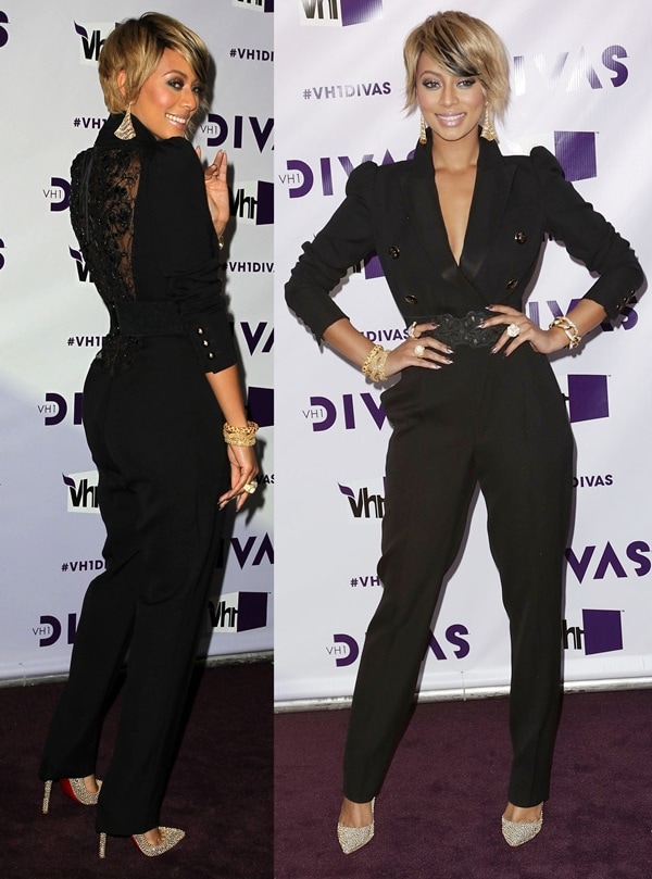 Keri Hilson in a black jumpsuit with intricate embroidered details by Emilio Pucci at VH1 Divas 2012