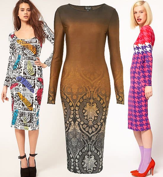 Dive into boldness with these eye-catching midi dresses: Reverse midi open back dress ($84.00), Topshop ombré print bodycon dress ($80.00), House of Holland houndstooth midi dress ($184.70)
