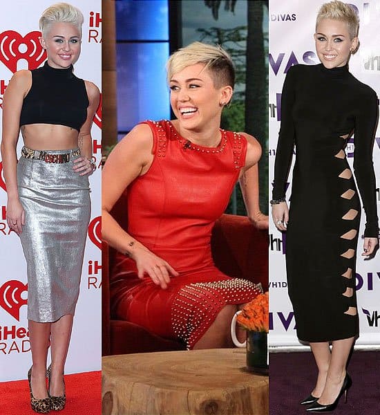 Miley Cyrus showcases her evolution in style with midi dresses at high-profile events: the iHeartRadio Music Festival in Las Vegas (September 21, 2012), The Ellen DeGeneres Show (November 8, 2012), and VH1 Divas 2012 in Los Angeles (December 16, 2012)