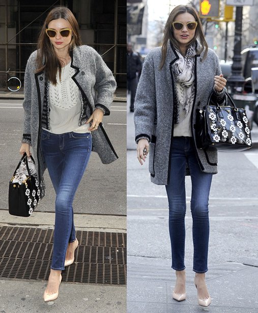 Miranda Kerr in Manhattan wearing skinny jeans and high heels