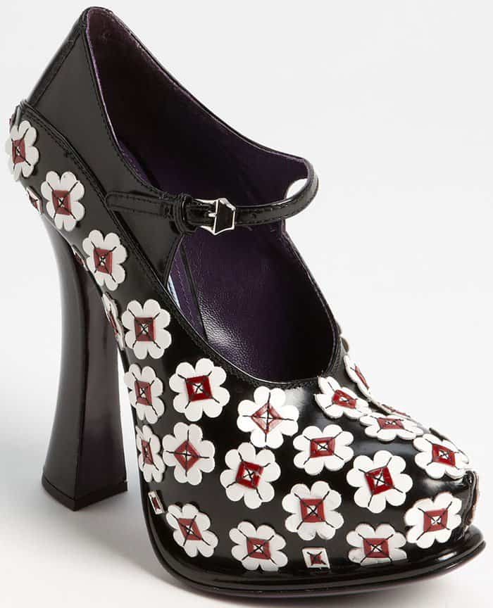 Prada Flower Appliqué High-Vamp Mary Jane Pumps