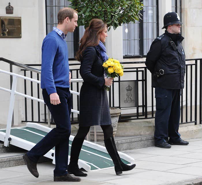 Prince William, Duke of Cambridge, and Catherine, Duchess of Cambridge, leave the King Edward VII Hospital together in London