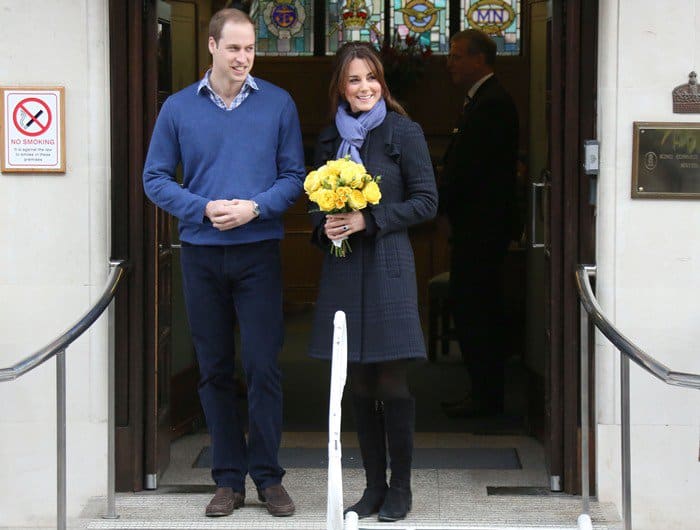 Kate Middleton, the Duchess of Cambridge, departed King Edward VII's Hospital in London in a navy plaid Diane von Furstenberg Simyonette coat, black tights, Russell & Bromley Charge It boots, and a lavender scarf