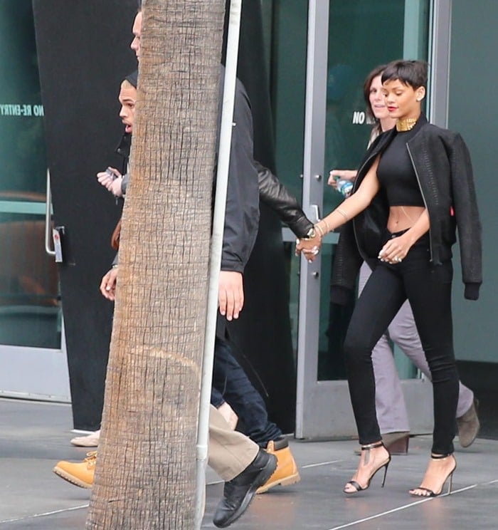 Rihanna and Chris Brown leaving the Staples Center in Los Angeles after attending the Lakers vs. Knicks game