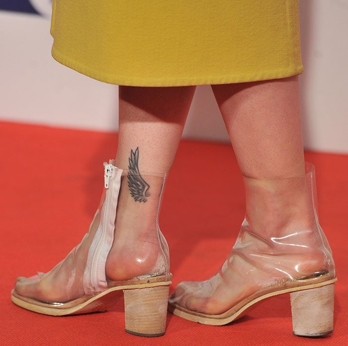 Rita Ora's sweaty feet and tattoo in clear Jeffrey Campbell booties