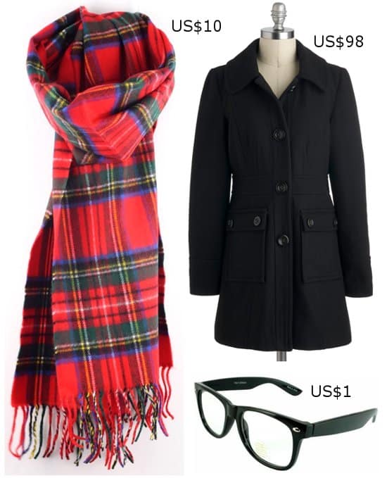 Scarf: NYGiftStop Softer Than Cashmere Plaid Winter Scarf, $21 / Coat: Tulle Clothing Junior Copy Writer Coat, $98 / H2W 80s Style Clear Frame Glasses, $0.96