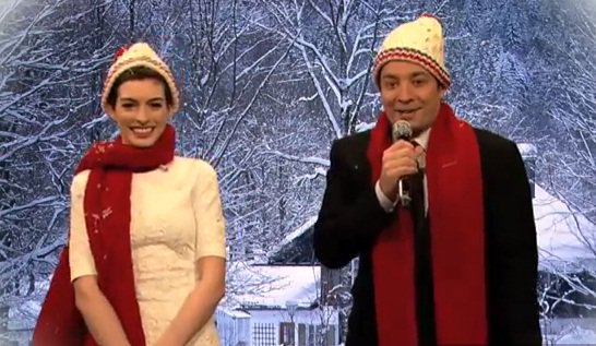 Anne Hathaway during a skit with host Jimmy Fallon on December 11, 2012