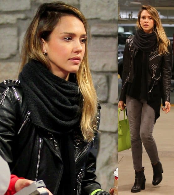 Jessica Alba wears a black scarf while shopping at Target