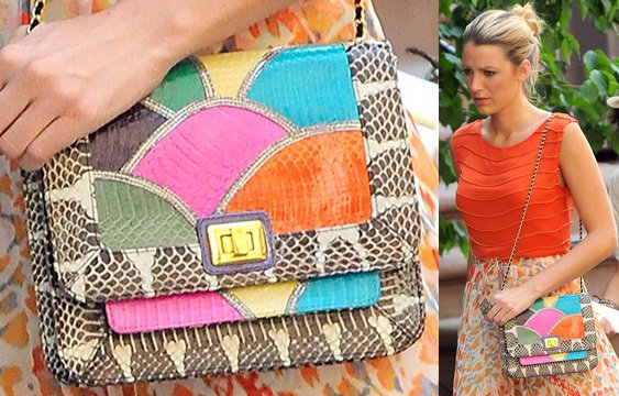 Blake Lively capturing the essence of Serena van der Woodsen while filming season 6 of Gossip Girl in New York, showcasing the vibrant Angel Jackson Disco Rainbow Jai Satchel