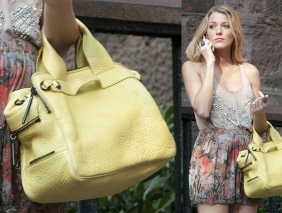 Blake Lively was spotted on the streets of New York filming Gossip Girl, completing her look with the chic 3.1 Phillip Lim Lark Small duffle bag