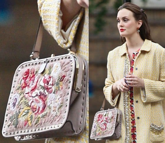 Leighton Meester as Blair Waldorf, filming a Gossip Girl scene in New York, exuding elegance with the iconic Valentino Garavani Rockstud Frame Bag