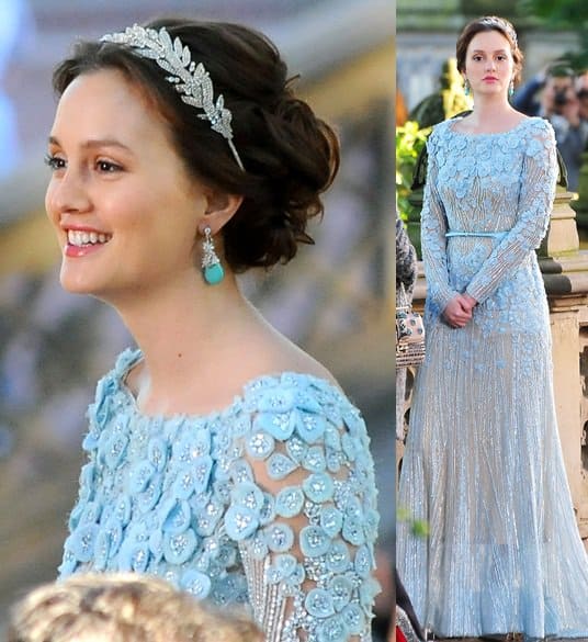Leighton Meester (a.k.a. Blair Waldorf), wears an Elie Saab gown while shooting scenes for the finale episode of 'Gossip Girl'