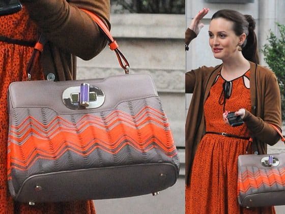 Leighton Meester as Blair Waldorf in New York for Gossip Girl, with the Bulgari 'I. Rossellini' Handbag in Lace Chevron, epitomizing sophistication