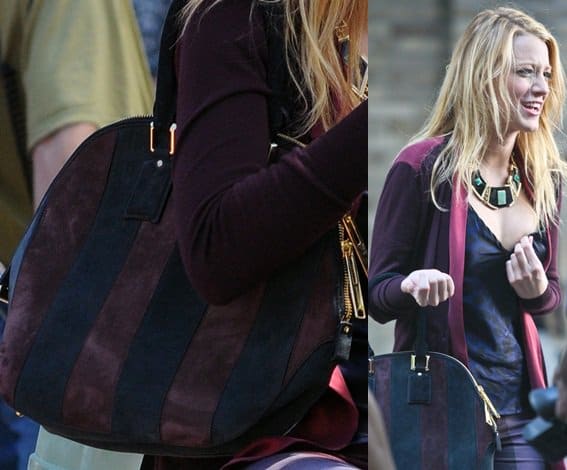 Blake Lively on set for Gossip Girl's last season in New York, showcasing the Burberry The Orchard Bag in Suede Stripes, a blend of luxury and style
