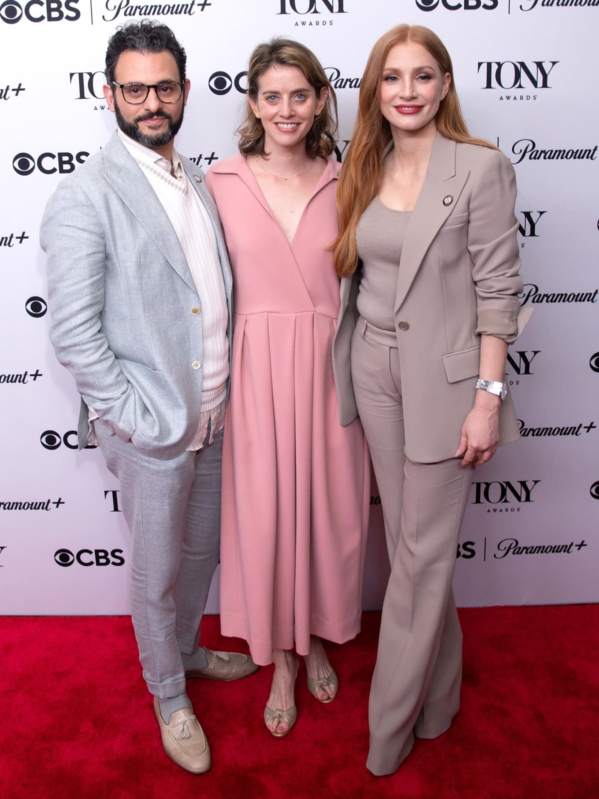 Arian Moayed, Amy Herzog, and Jessica Chastain attend the 76th Annual Tony Awards Meet The Nominees Press Event