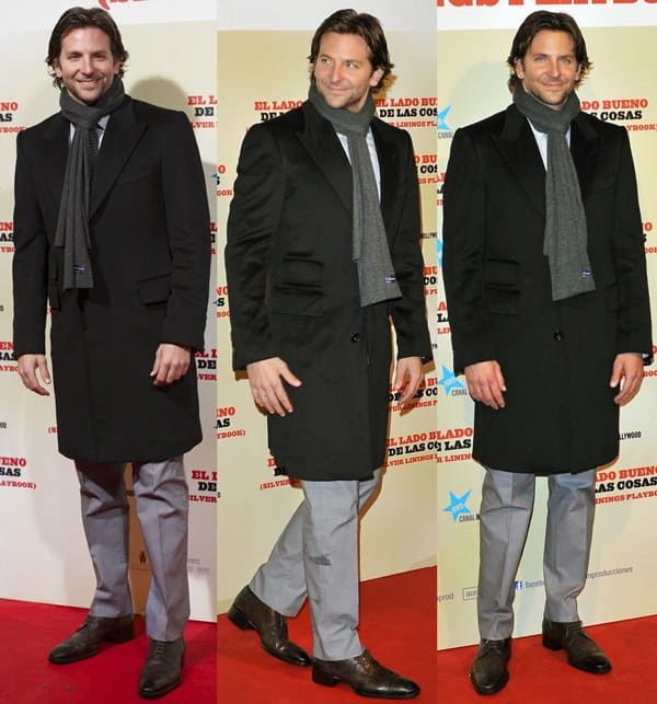 Actor Bradley Cooper in a light-grey Ferragamo suit paired with brown oxford shoes at the "Silver Linings Playbook" premiere