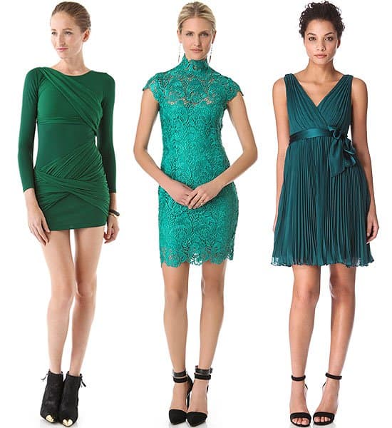 Captivate in Emerald: Alice + Olivia's Goddess dress at $330, Blaque Label's lacy charm at $163, and Rebecca Taylor's sashed pleats at $395 – spellbinding choices for date night