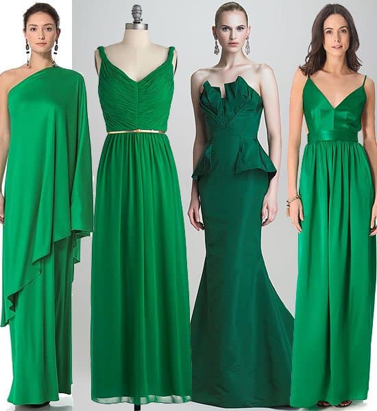 Evening Elegance in Emerald: From Reem Acra's silk sophistication at $1,990 and the Enchanting Moment dress at $219.99, to Oscar de la Renta's strapless masterpiece at $5,790 and Contrarian's 'Babs Bibb' maxi at $425 – embody luxury at every gala