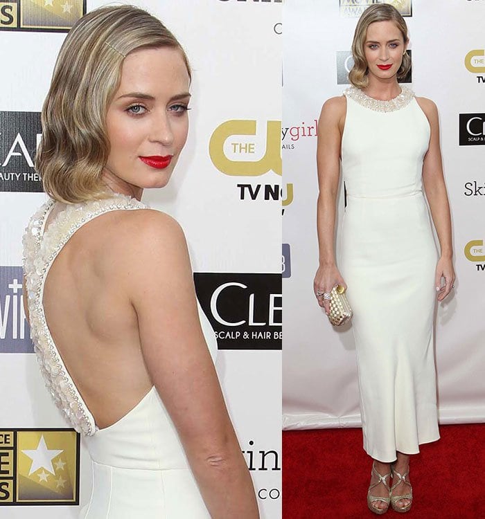 Emily Blunt in a Miu Miu dress with Prada shoes, a JustFab purse, and Graziela jewelry