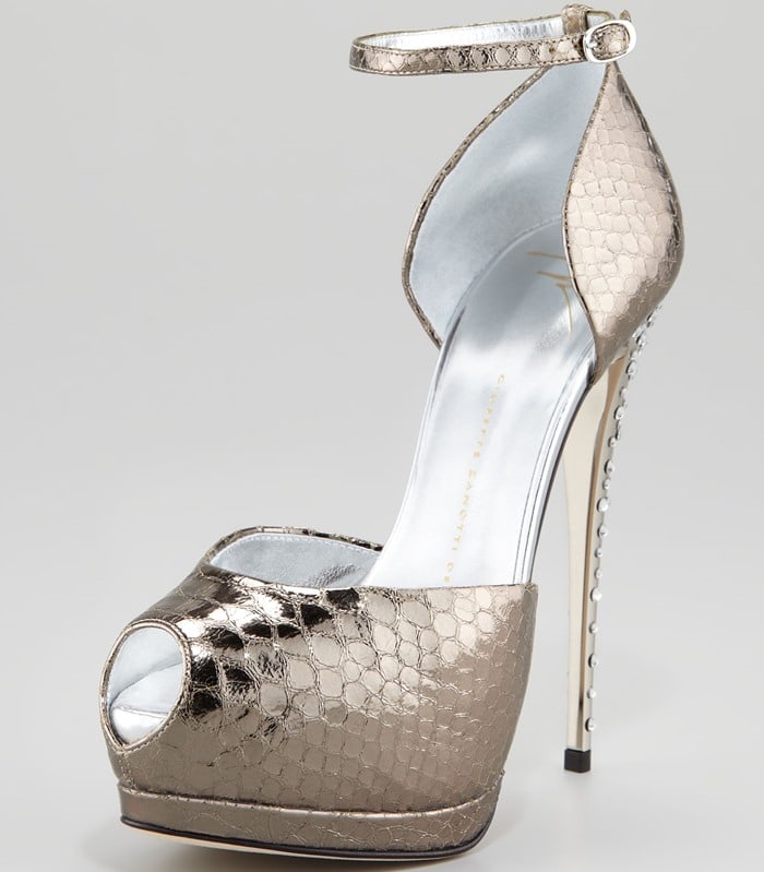 Giuseppe Zanotti Metallic Snake-Print Ankle-Wrap Pumps