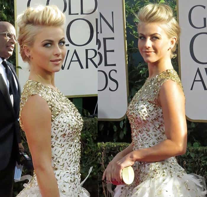Julianne Hough in a metal-embellished Monique Lhuillier gown, complete with an updo and smoky eye makeup
