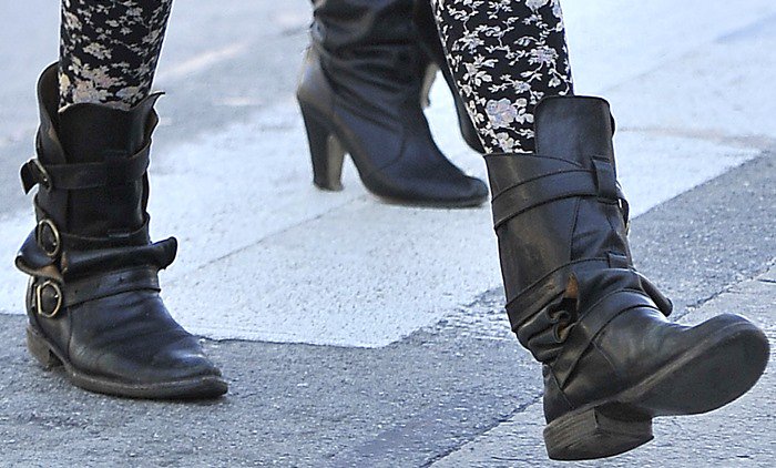 Malin Akerman wears rugged buckled leather boots out in Los Angeles