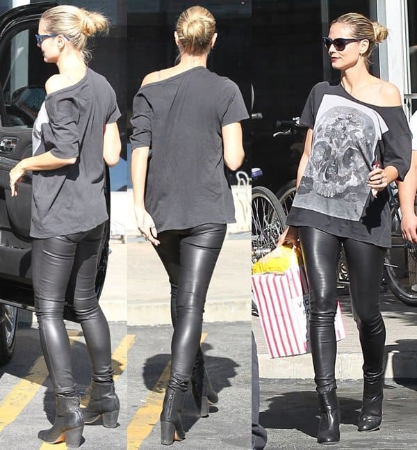 Hedi Klum styled black leather boots with skin-tight leather trousers