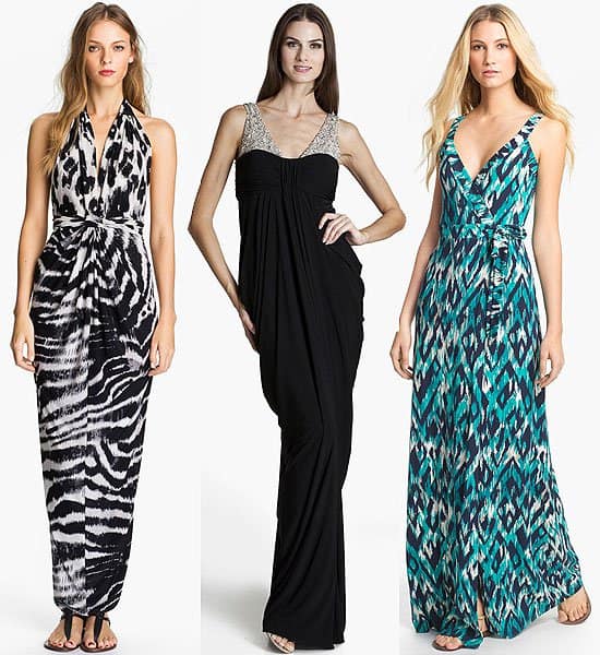 Tbags Los Angeles v-neck printed halter maxi dress, $188.00; JS Boutique embellished draped jersey gown, $178.00; Tart 'Camille' print wrap maxi dress, $176.00