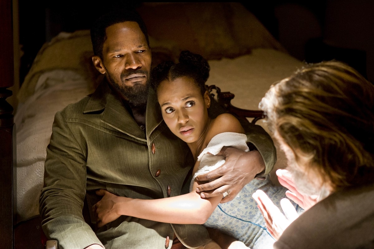 Jamie Foxx as Django Freeman and Kerry Washington as Broomhilda "Hildi" von Shaft in Quentin Tarantino's 2012 American revisionist Western film Django Unchained