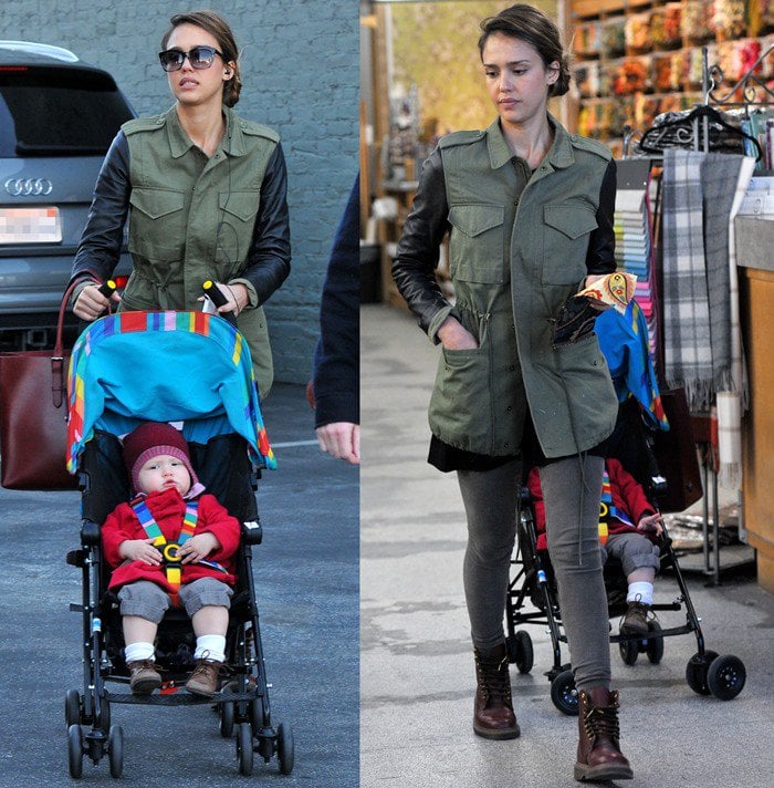 Jessica Alba wears casual gray jeans while out with her daughter Haven