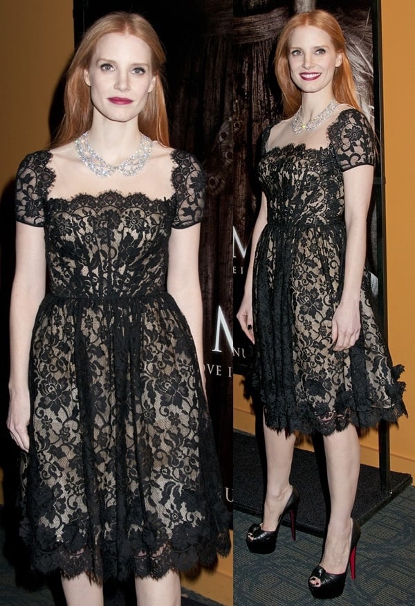 Jessica Chastain wears a black lace Oscar de la Renta dress