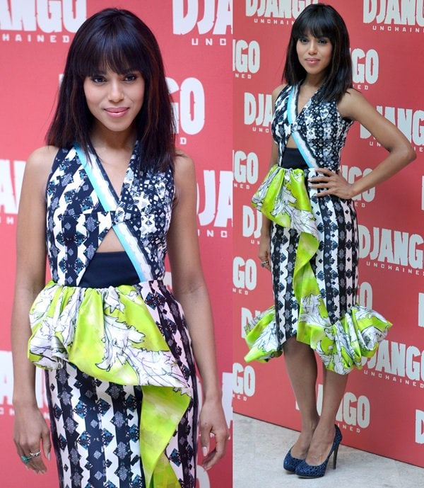Kerry Washington turns heads in a bold Peter Pilotto dress paired with elegant Nicholas Kirkwood pumps at the "Django Unchained" photo call