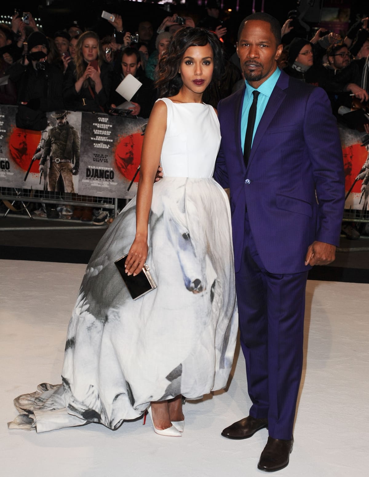 Kerry Washington, in a Giles dress styled with Christian Louboutin shoes and a Solange Azagury-Partridge ring, and Jamie Foxx attend the UK Premiere of 'Django Unchained'