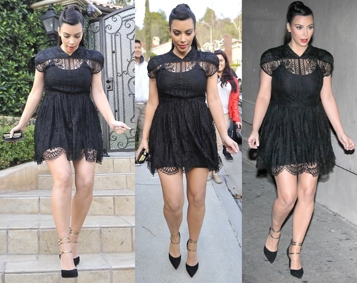 Kim Kardashian flaunted her legs in black pointy pumps with multiple ankle straps
