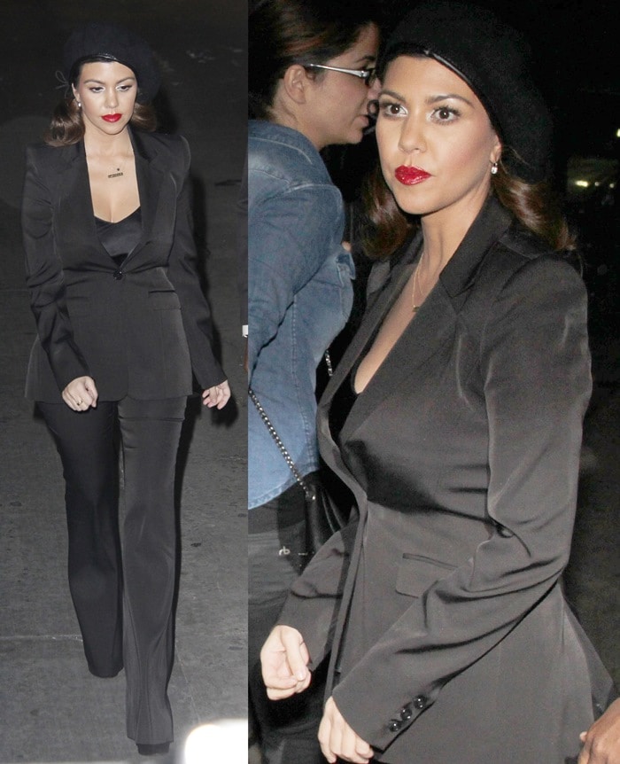 Kourtney Kardashian in an all-black outfit arriving at the Jimmy Kimmel Live